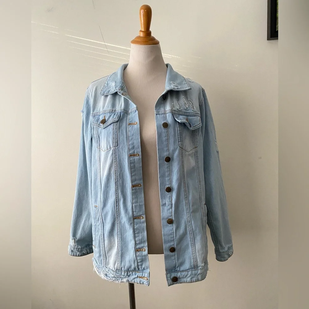MONO B Oversized Denim Jean Jacket Distressed Cotton Women’s Size M - Picture 3 of 16
